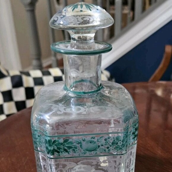 RARE ANTIQUE GREEN ACID ETCHED FLOWER BOTTLE LIQUOR WHISKEY DECANTER STOPPER JAR